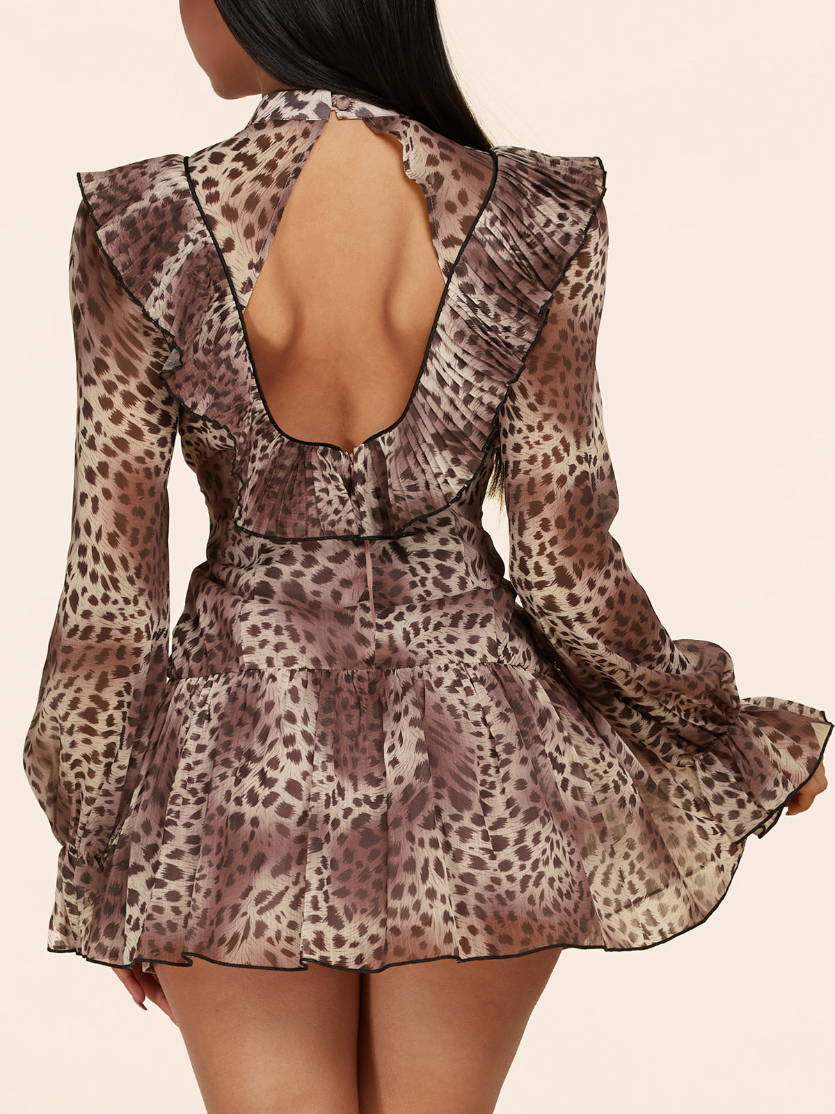WOMEN'S LONG SLEEVE ANIMAL PRINT RUFFLE MINI DRESS
