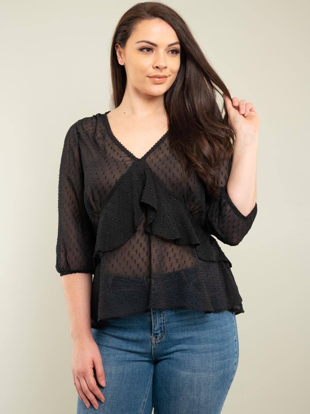 PLUS SIZE RUFFLE 3/4 SLEEVE TOP