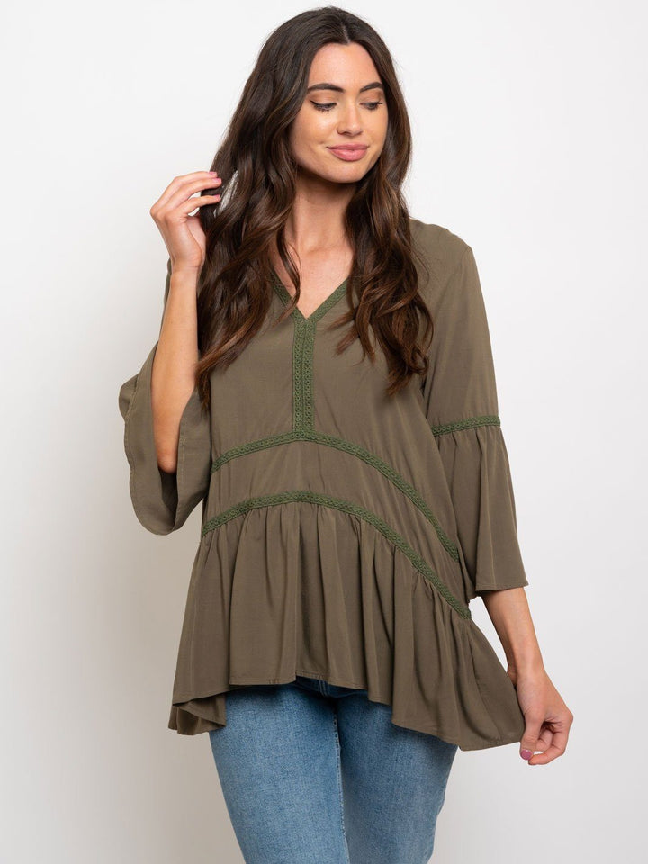 WOMEN'S LONG SLEEVE LACE TRIM DETAIL TOP