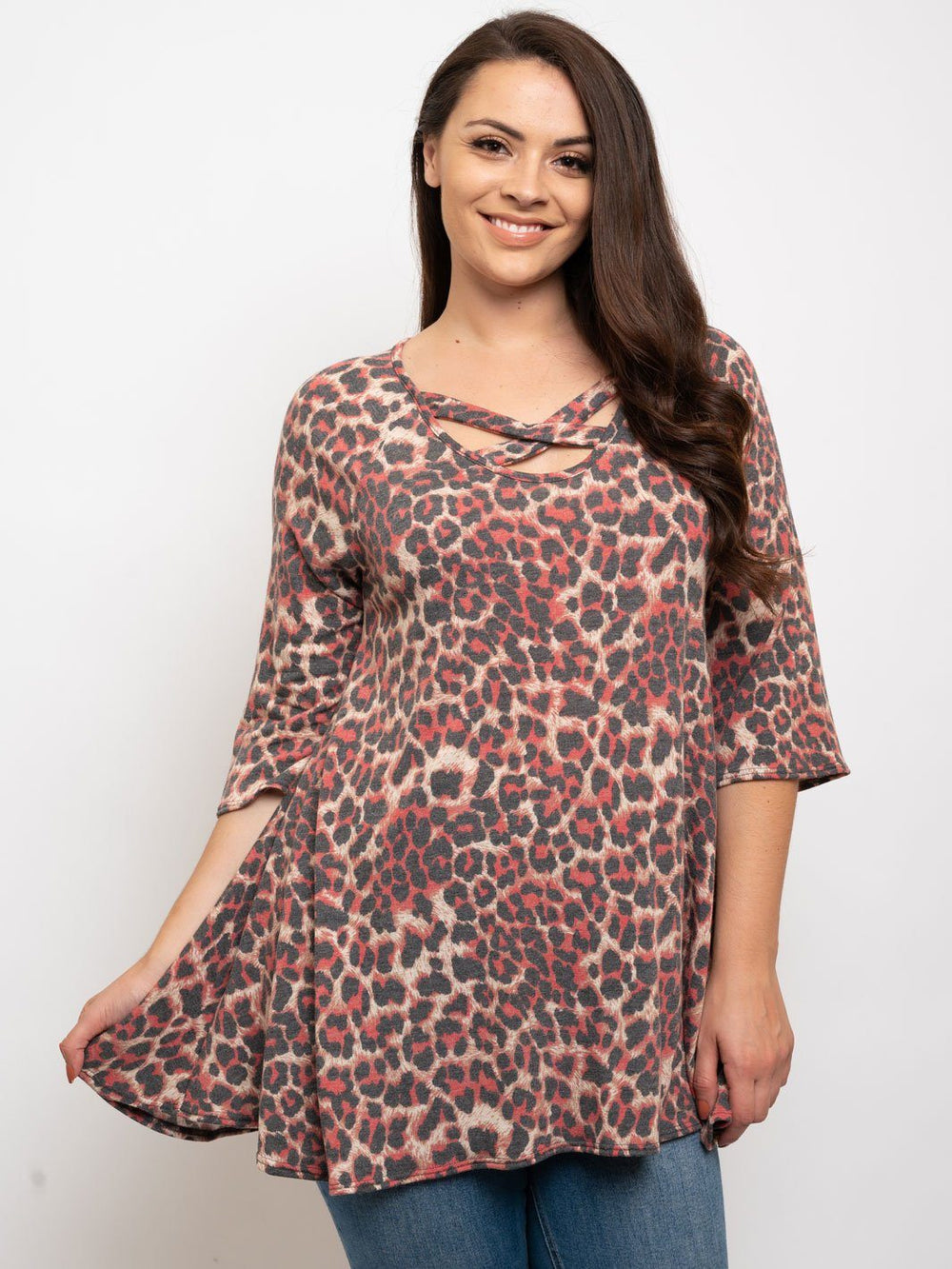 PLUS SIZE ANIMAL PRINT RUFFLE SLEEVES TOP