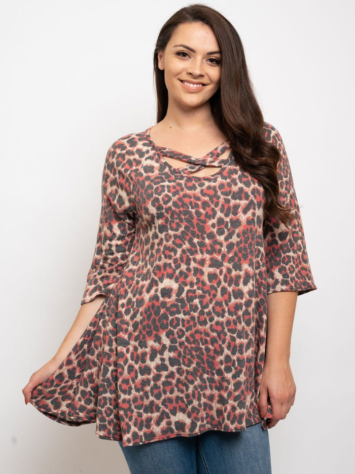 PLUS SIZE ANIMAL PRINT RUFFLE SLEEVES TOP
