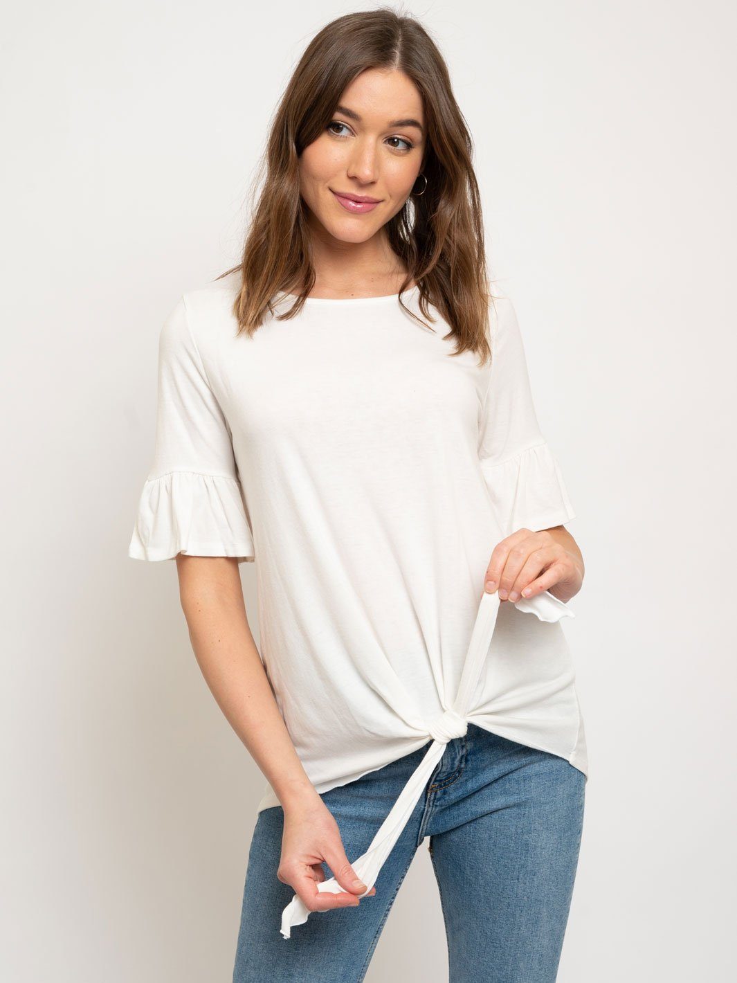 WOMEN'S JERSEY RUFFLED SLEEVES TIE FRONT TOP