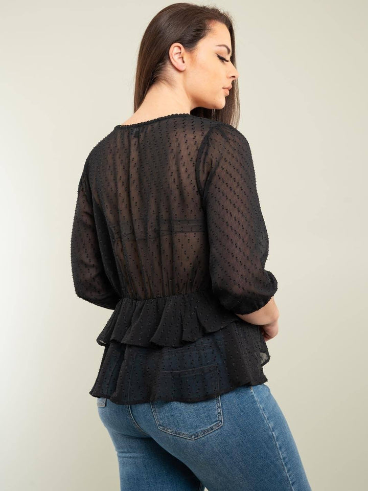 PLUS SIZE RUFFLE 3/4 SLEEVE TOP