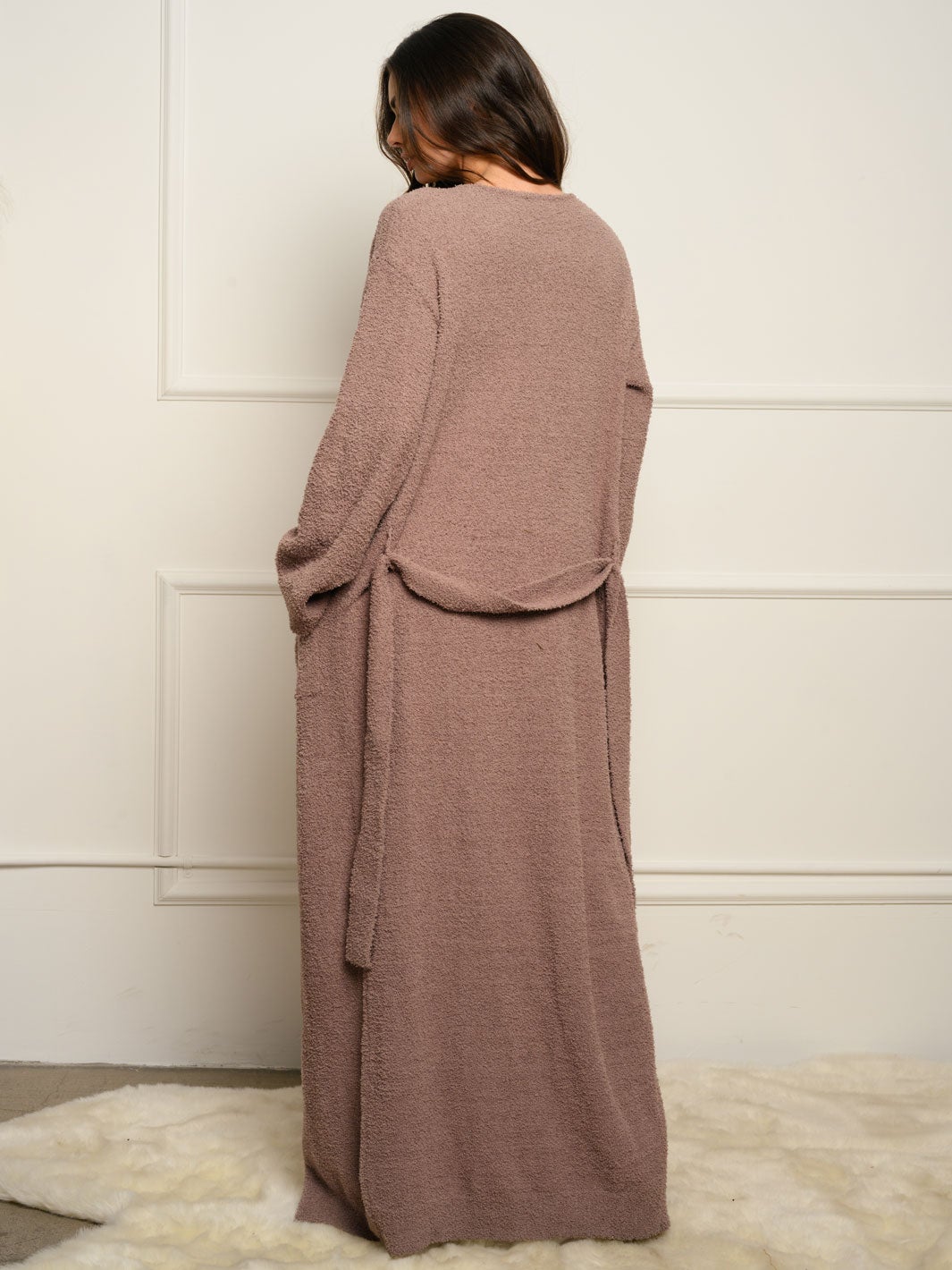 WOMEN'S LONG SLEEVE SELF TIE FUZZY CARDIGAN