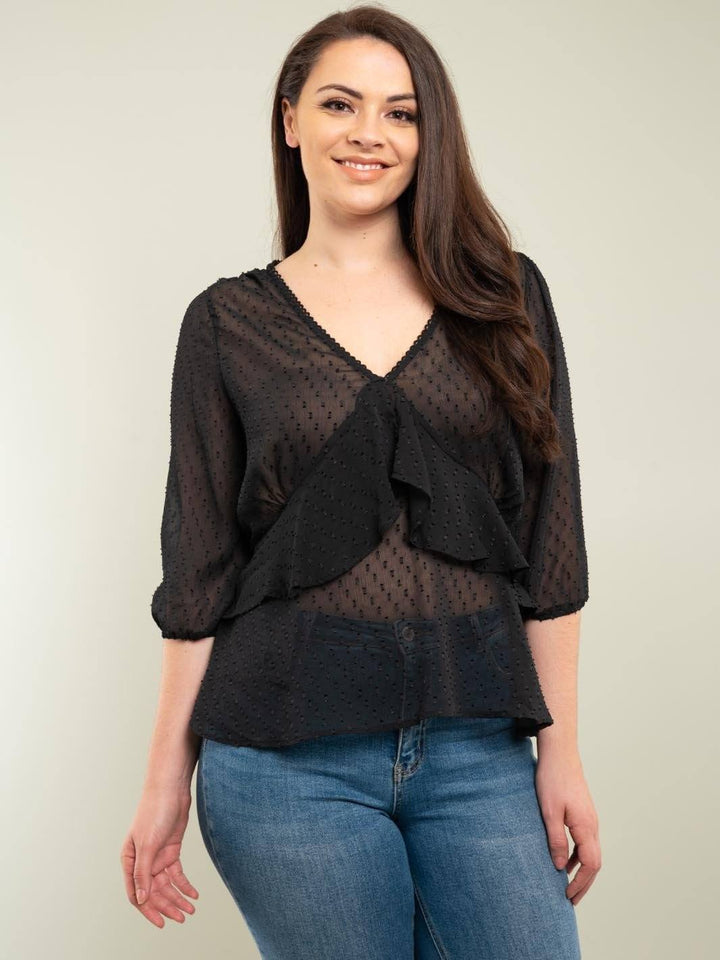 PLUS SIZE RUFFLE 3/4 SLEEVE TOP