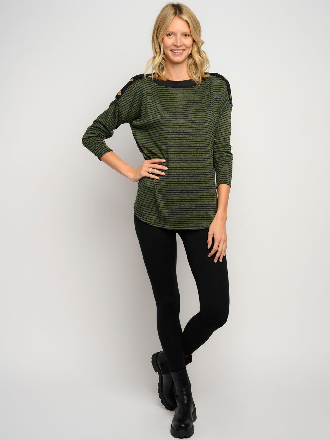 WOMEN'S STRIPES LONG SLEEVE BUTTON DETAIL TOP