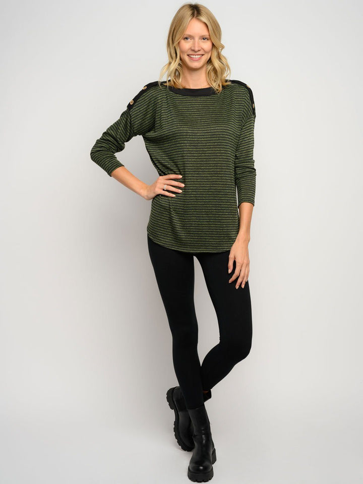 WOMEN'S STRIPES LONG SLEEVE BUTTON DETAIL TOP