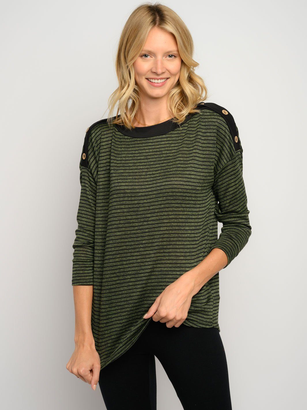 WOMEN'S STRIPES LONG SLEEVE BUTTON DETAIL TOP