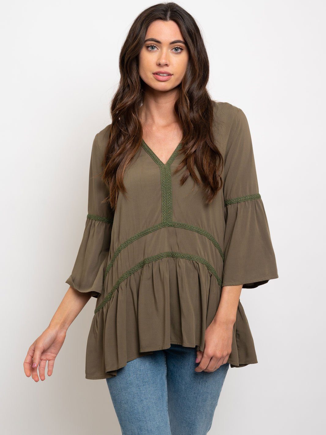 WOMEN'S LONG SLEEVE LACE TRIM DETAIL TOP