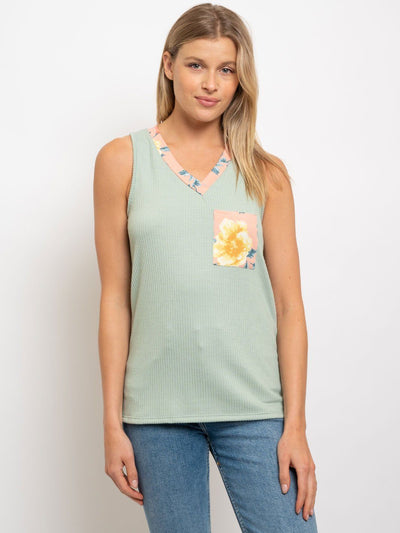 WOMEN'S SOLID/FLORAL COMBINE V-NECK SLEEVELESS WITH POCKET TOP