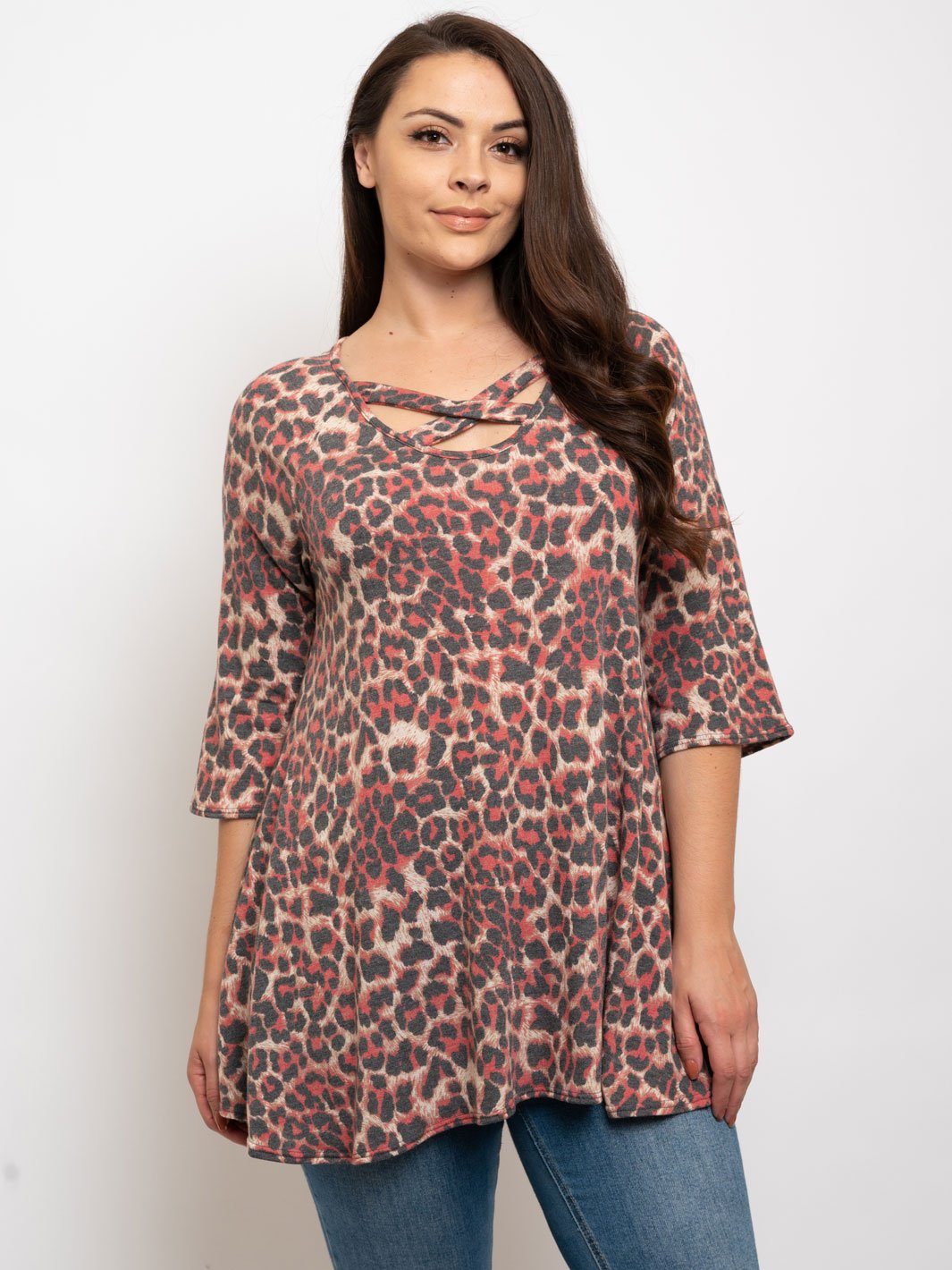 PLUS SIZE ANIMAL PRINT RUFFLE SLEEVES TOP