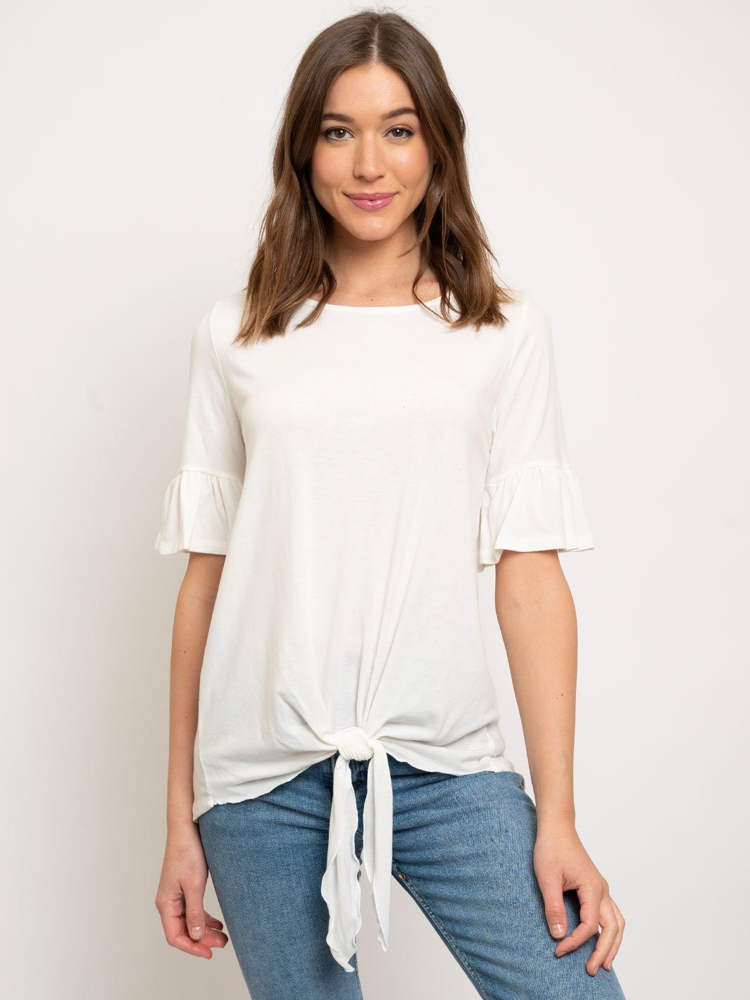 WOMEN'S JERSEY RUFFLED SLEEVES TIE FRONT TOP