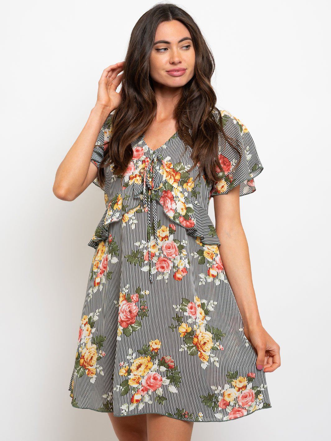 WOMEN'S BABYDOLL RUFFLE DETAIL FLORAL MINI DRESS