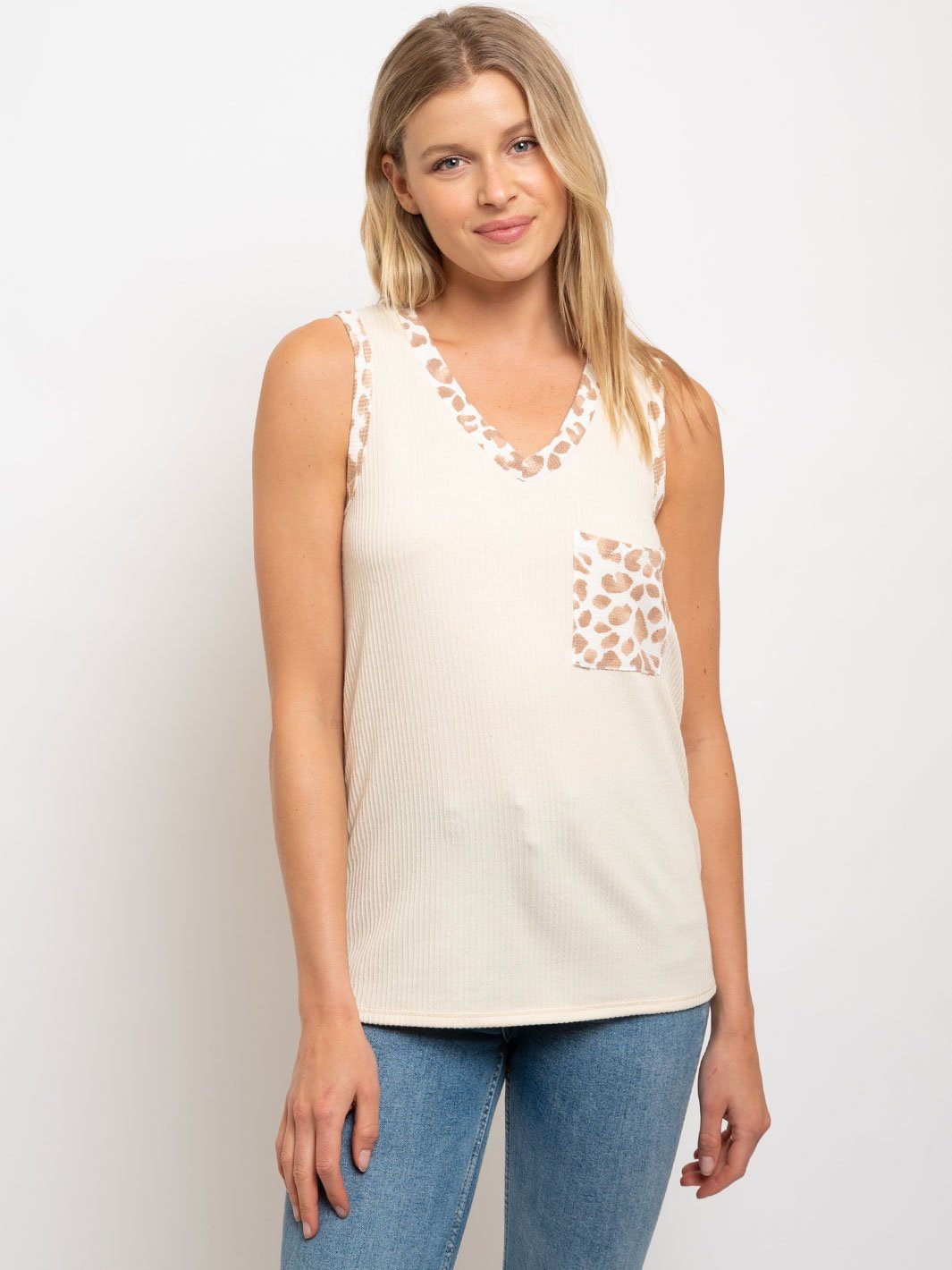 WOMEN'S SOLID/ANIMAL COMBINE V-NECK SLEEVELESS TOP