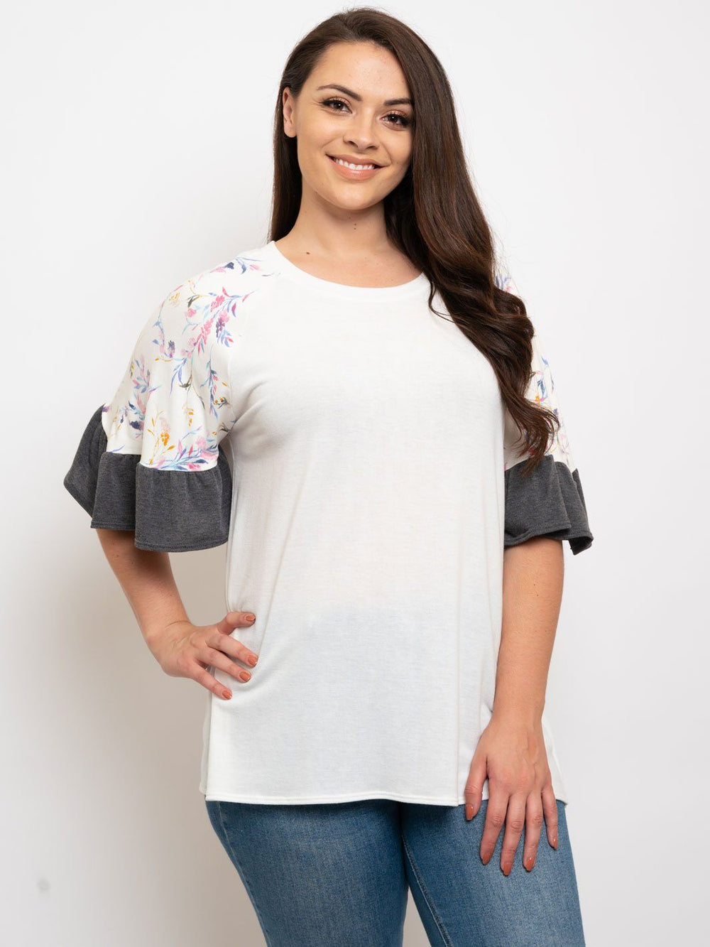 PLUS SIZE FLORAL RUFFLE SLEEVES TOP