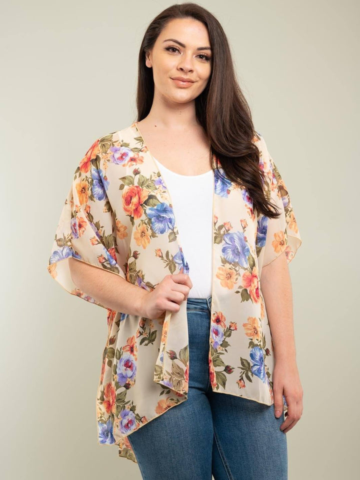 PLUS SIZE FLORAL OPEN CARDIGAN