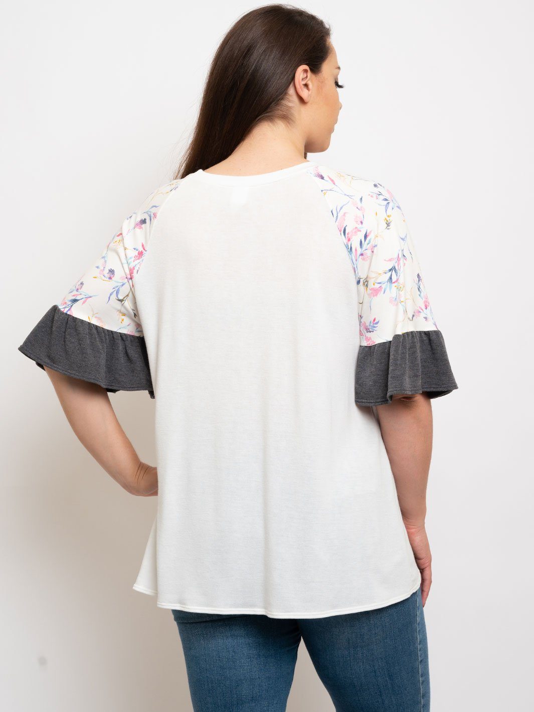 PLUS SIZE FLORAL RUFFLE SLEEVES TOP
