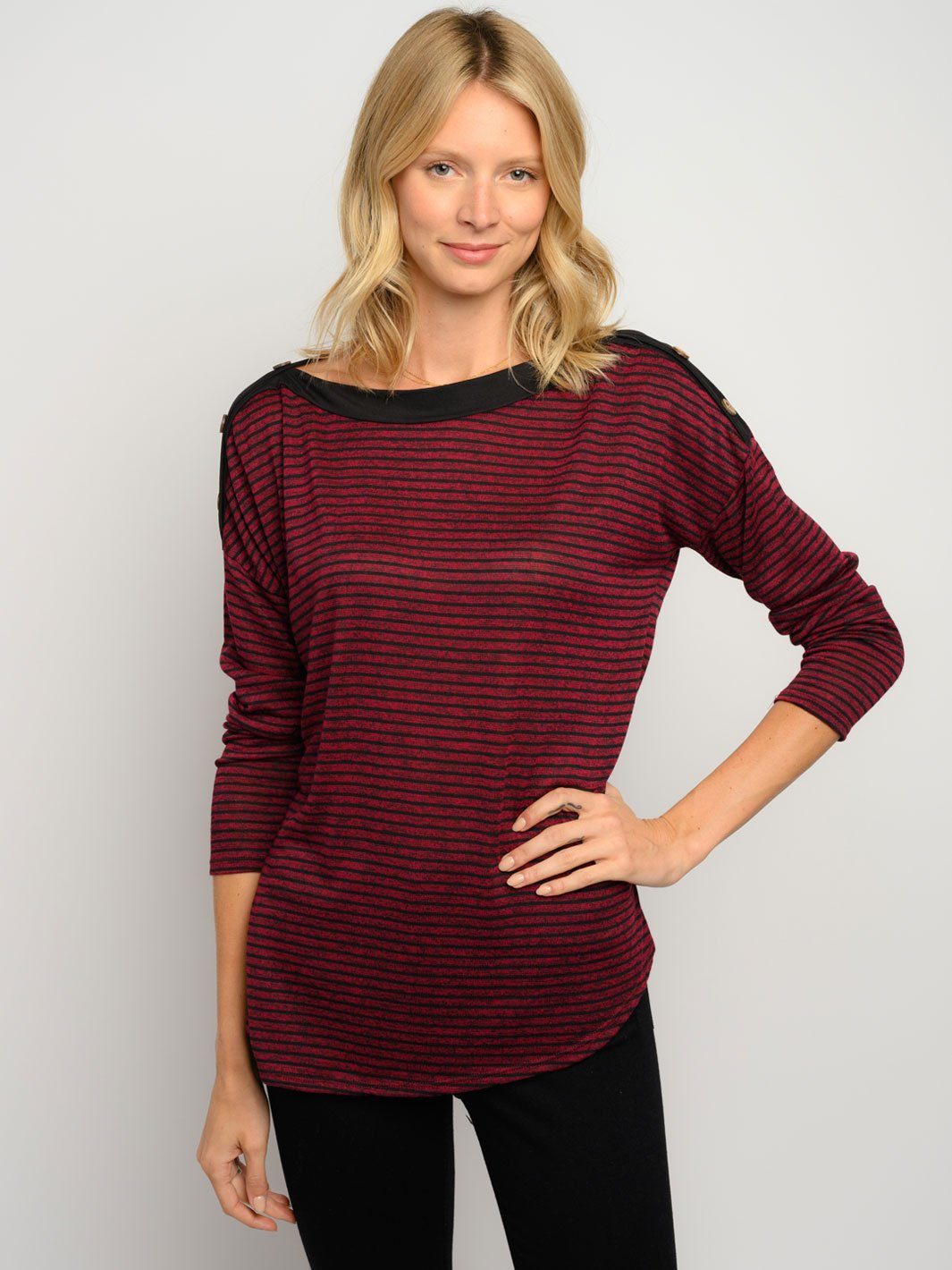 WOMEN'S STRIPES LONG SLEEVE BUTTON DETAIL TOP
