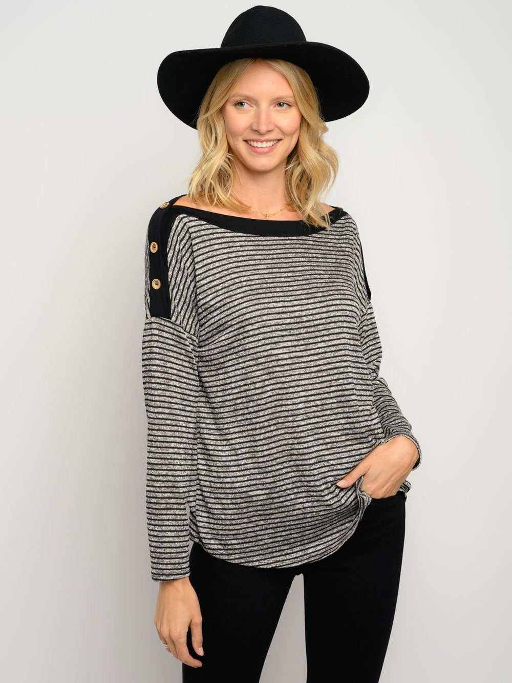 WOMEN'S STRIPES LONG SLEEVE BUTTON DETAIL TOP