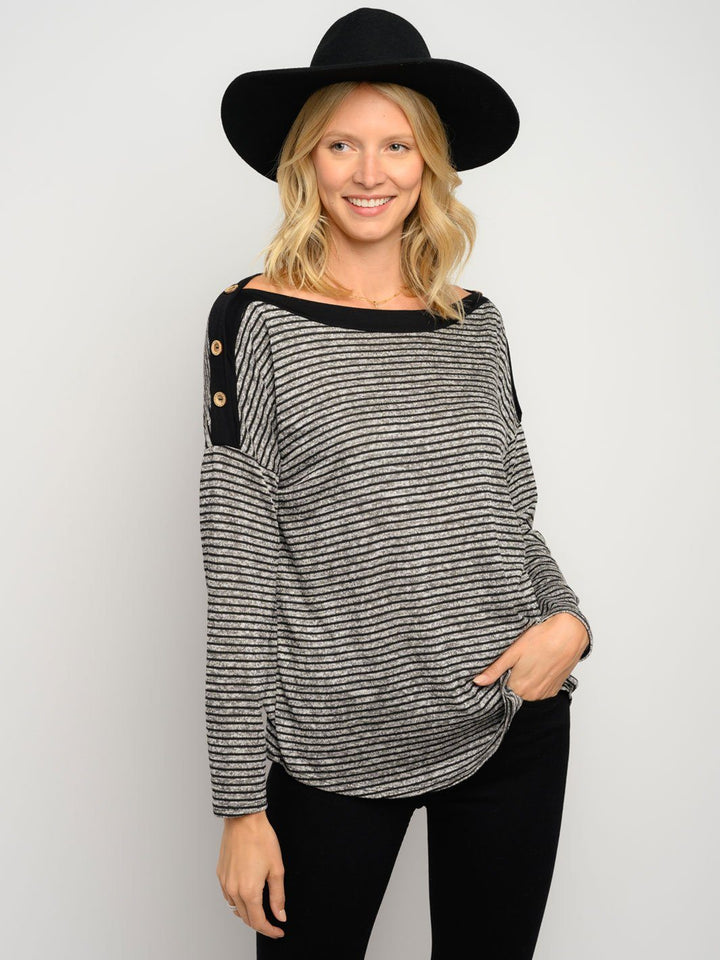 WOMEN'S STRIPES LONG SLEEVE BUTTON DETAIL TOP