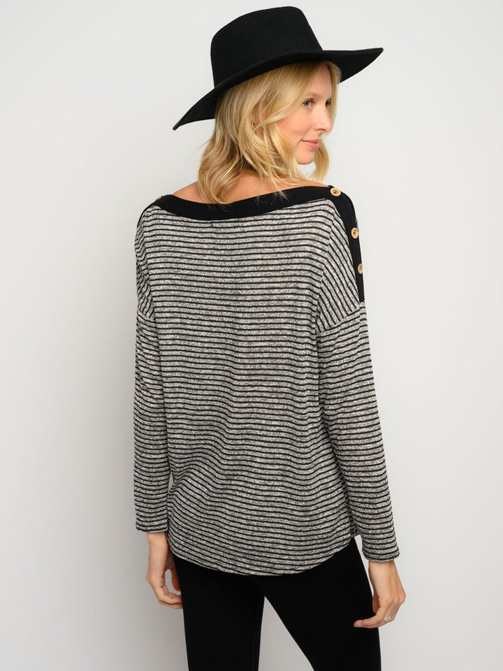 WOMEN'S STRIPES LONG SLEEVE BUTTON DETAIL TOP