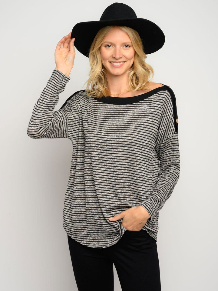 WOMEN'S STRIPES LONG SLEEVE BUTTON DETAIL TOP