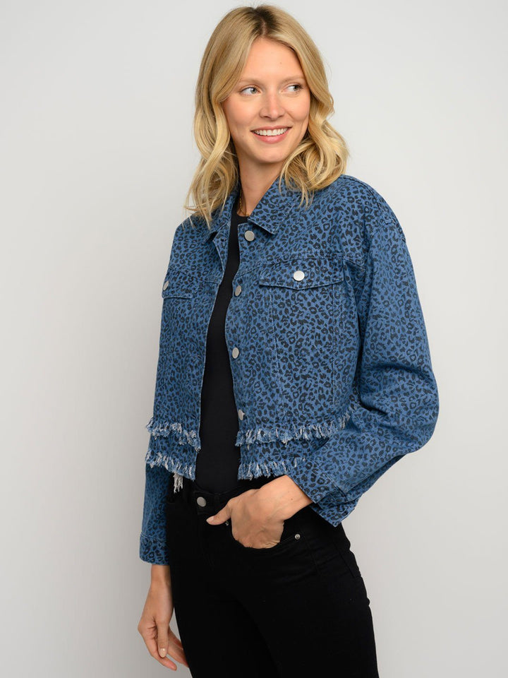 WOMEN'S LONG SLEEVE DOUBLE FRAYED DETAIL ANIMAL PRINT JACKET