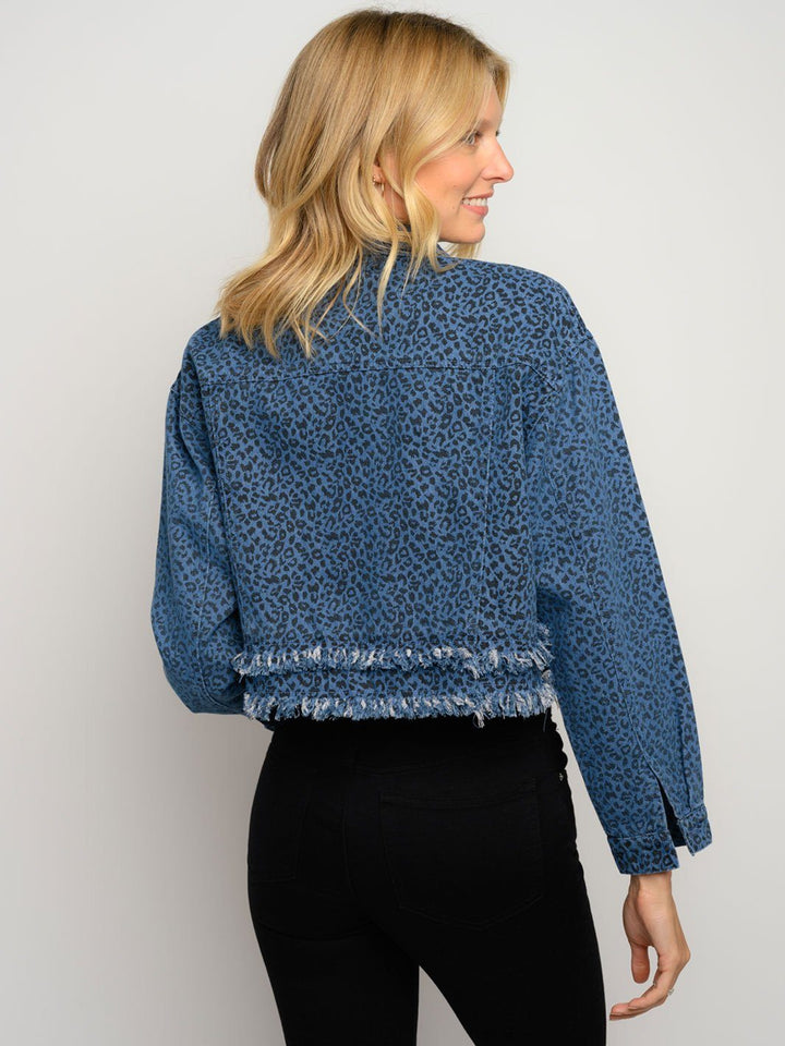WOMEN'S LONG SLEEVE DOUBLE FRAYED DETAIL ANIMAL PRINT JACKET