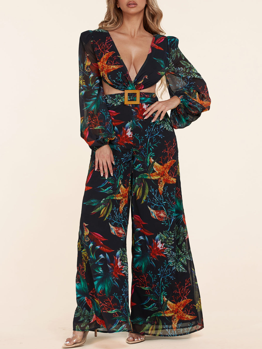WOMEN'S LONG SLEEVE V-NECK OPEN BACK MULTI PRINT JUMPSUIT