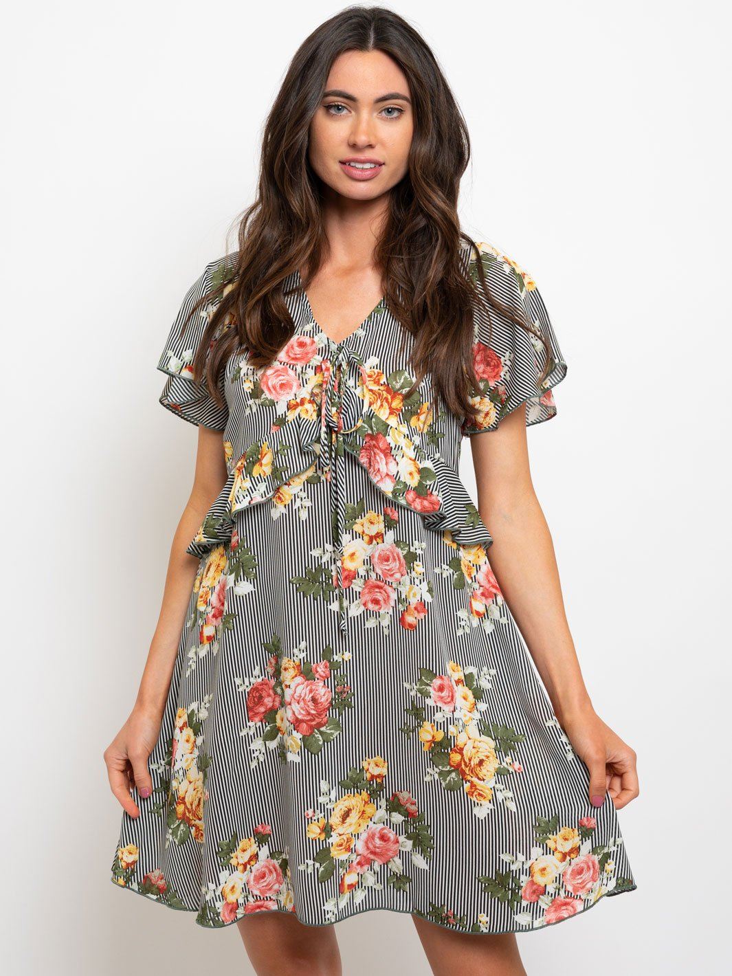 WOMEN'S BABYDOLL RUFFLE DETAIL FLORAL MINI DRESS