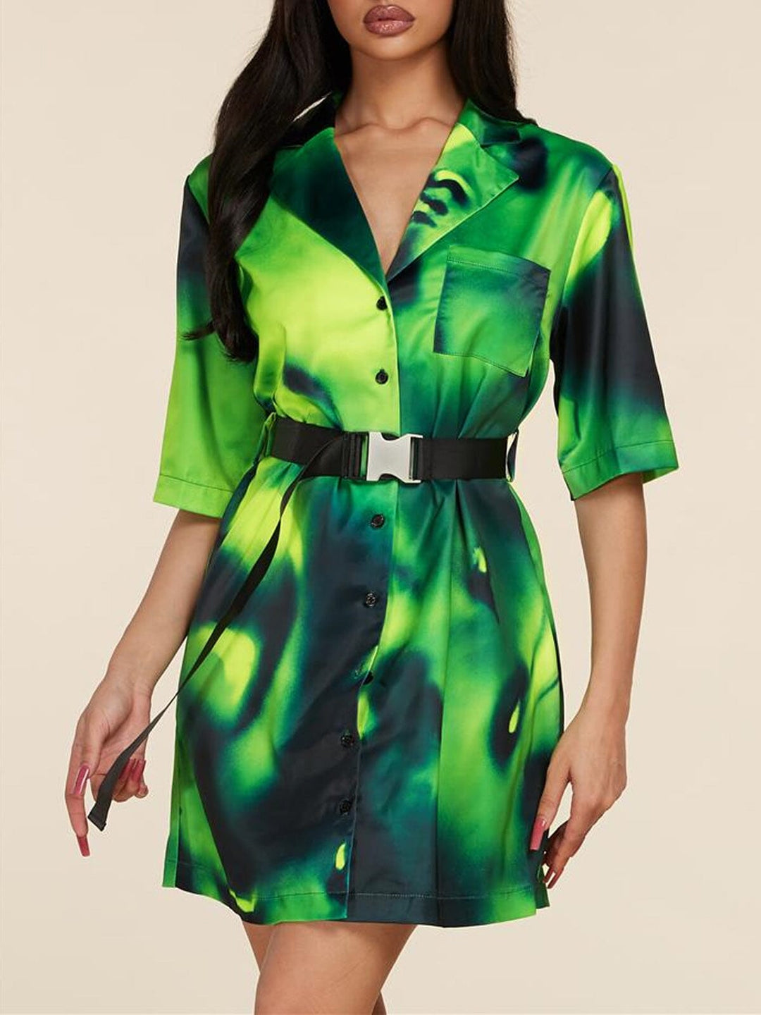 WOMEN'S SHORT SLEEVE BUTTON UP MULTI PRINT FRONT BELTED MINI DRESS