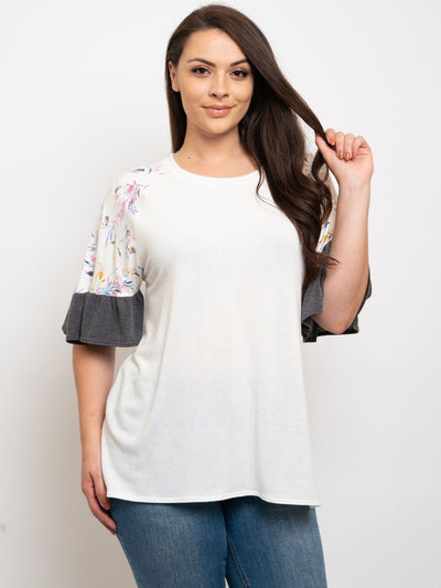 PLUS SIZE FLORAL RUFFLE SLEEVES TOP