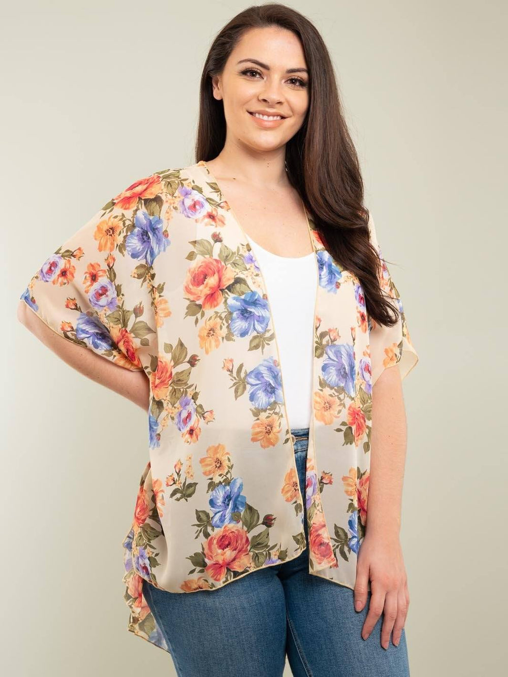 PLUS SIZE FLORAL OPEN CARDIGAN