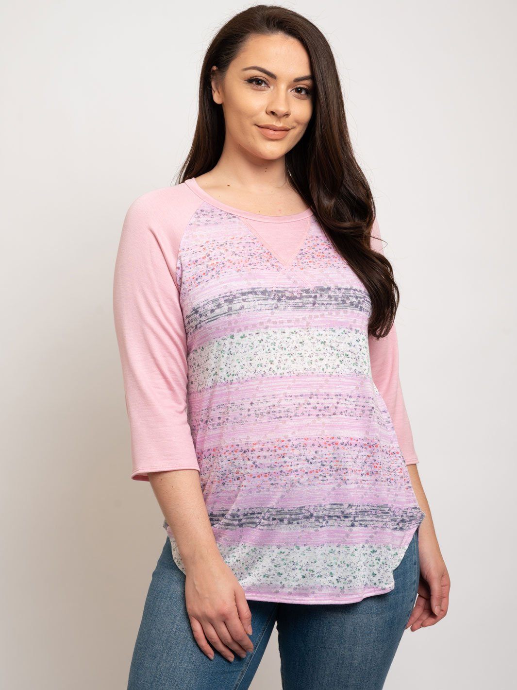 PLUS SIZE PINK MULTI PRINT LONG SLEEVE TOP