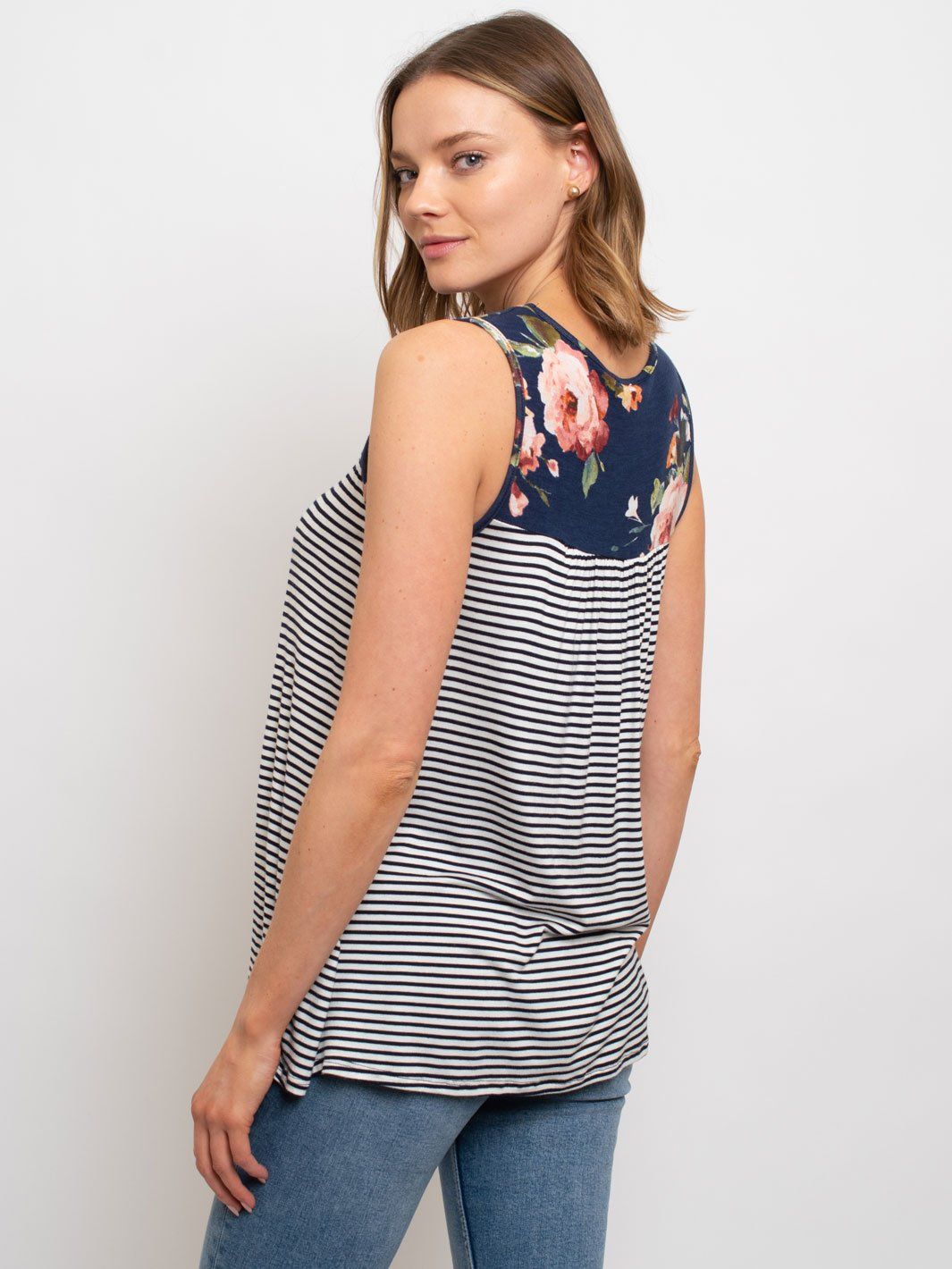 WOMEN'S SLEEVELESS TUNIC FLORAL PIN STRIPES TOP