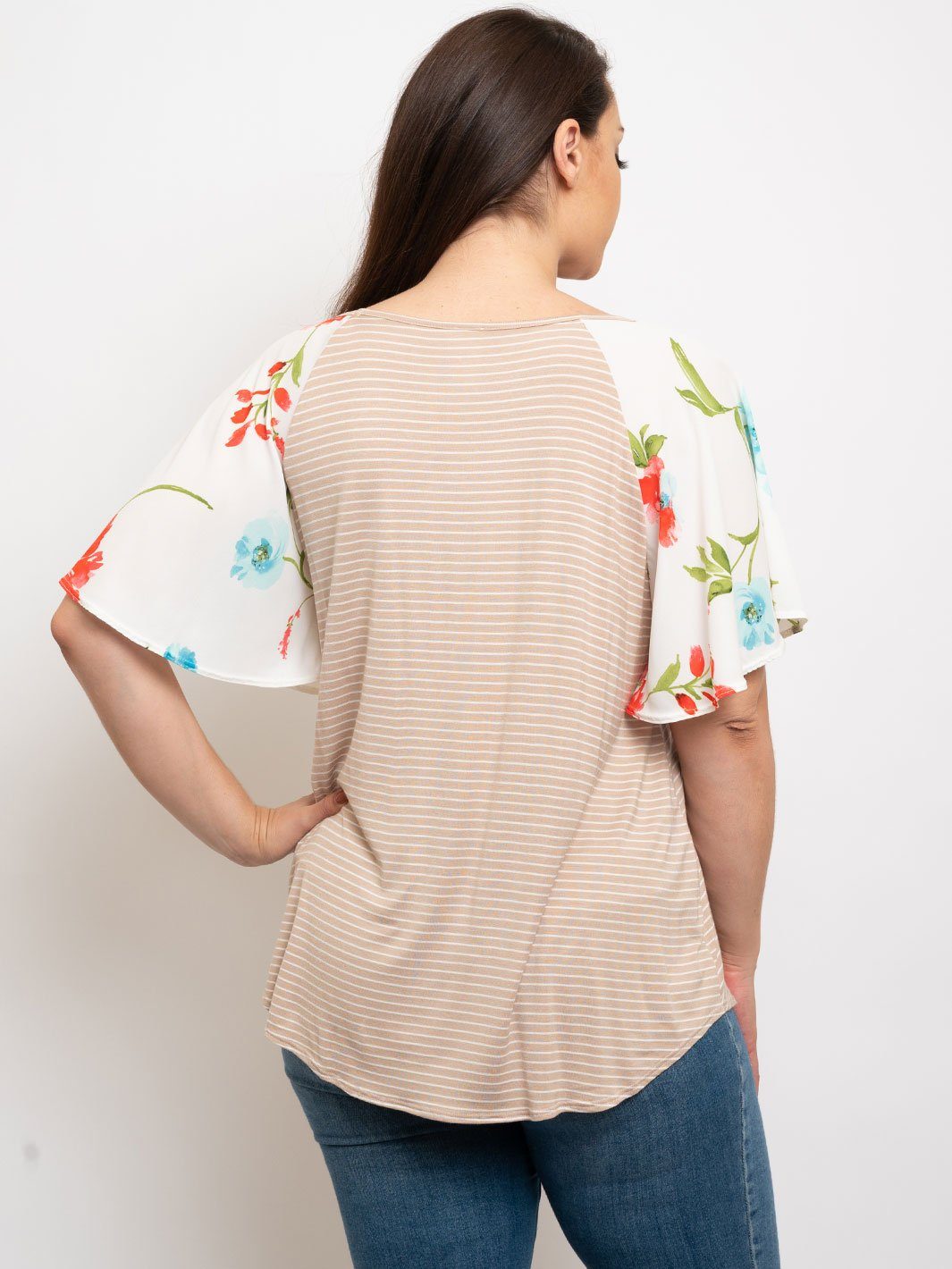 PLUS SIZE STRIPES WITH FLORAL SLEEVES TOP