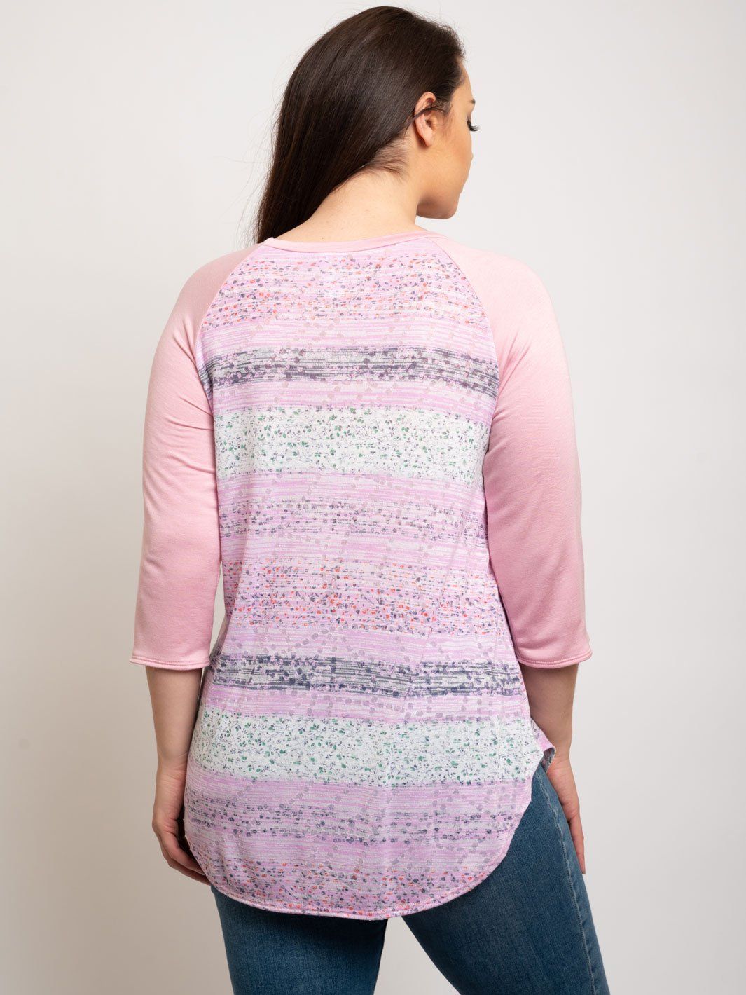 PLUS SIZE PINK MULTI PRINT LONG SLEEVE TOP