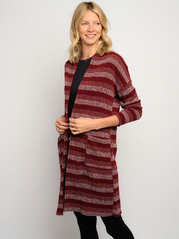 WOMEN'S 3/4 SLEEVES STRIPES POCKET LONG CARDIGAN