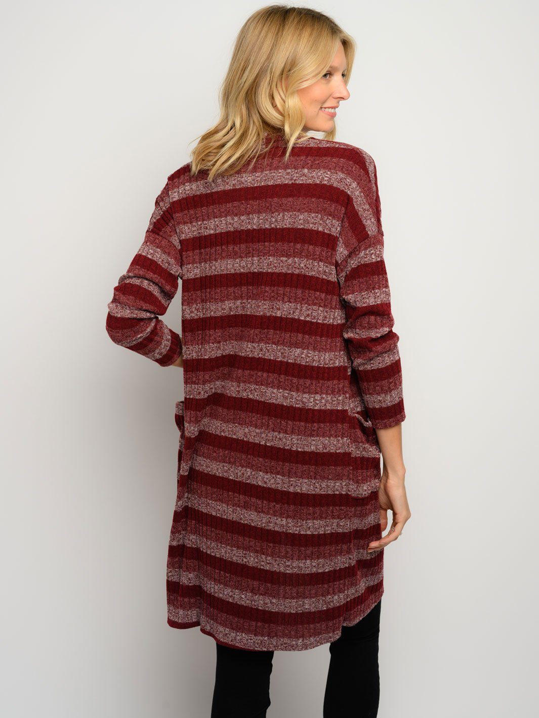 WOMEN'S 3/4 SLEEVES STRIPES POCKET LONG CARDIGAN