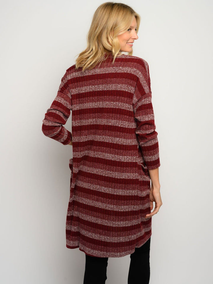 WOMEN'S 3/4 SLEEVES STRIPES POCKET LONG CARDIGAN