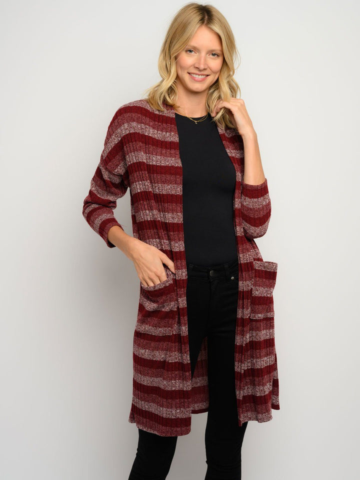 WOMEN'S 3/4 SLEEVES STRIPES POCKET LONG CARDIGAN