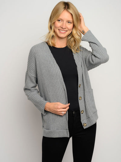 WOMEN'S RIBBED LONG SLEEVE BUTTON CLOSURE POCKETS CARDIGAN