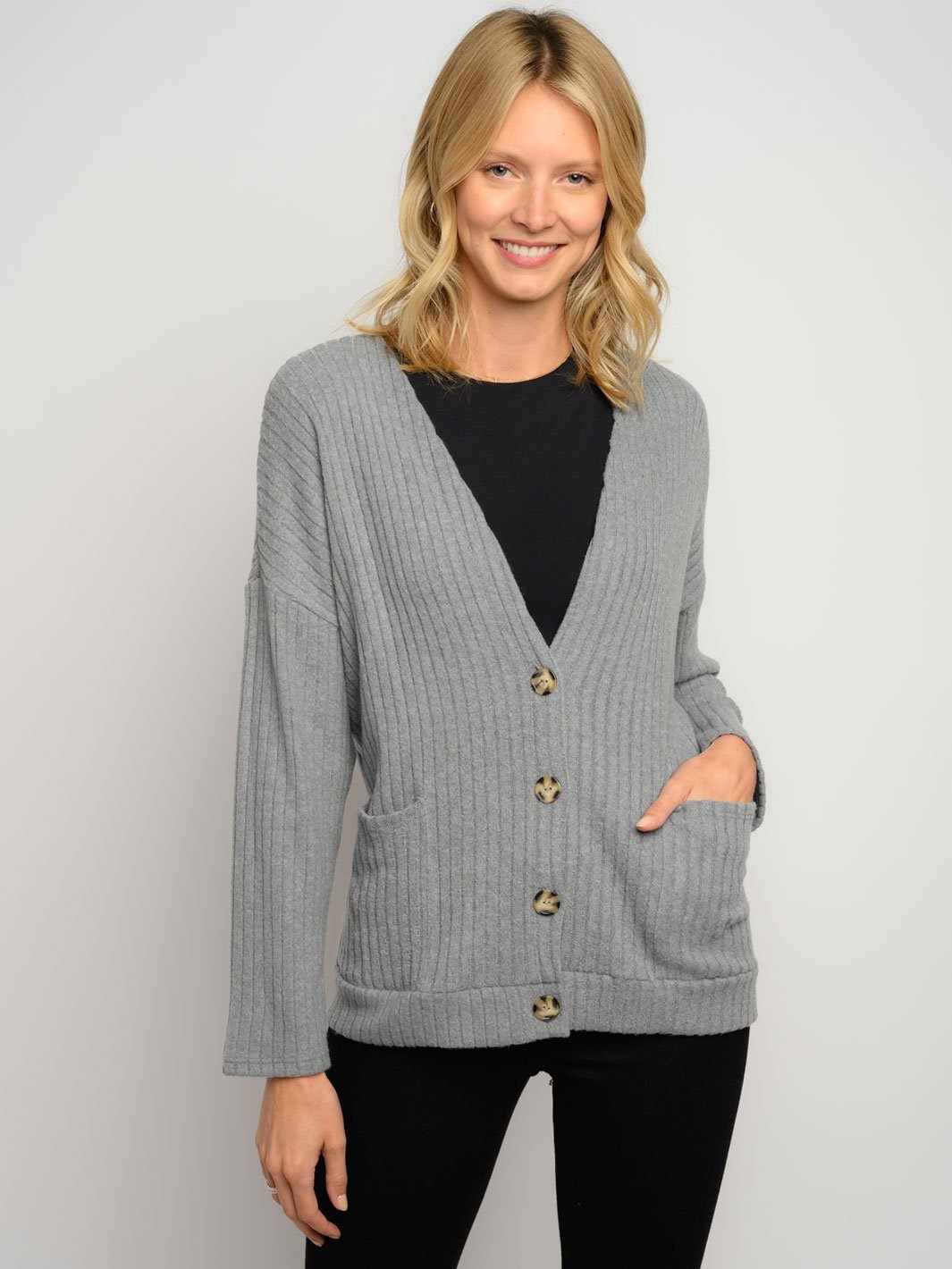 WOMEN'S RIBBED LONG SLEEVE BUTTON CLOSURE POCKETS CARDIGAN