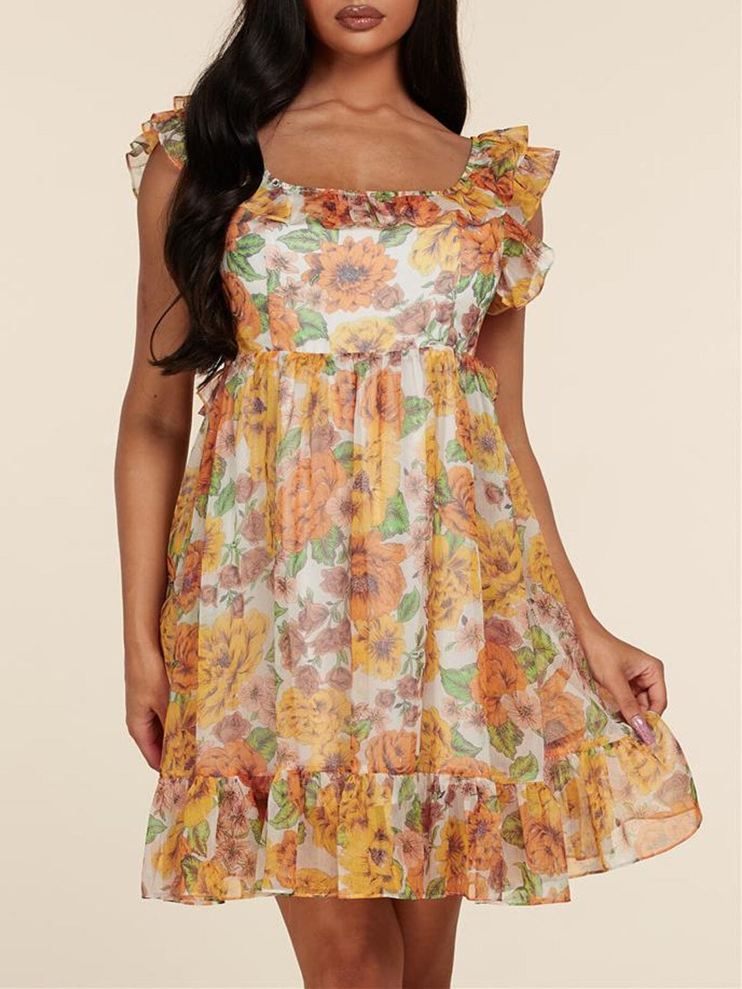 WOMEN'S SHORT SLEEVE RUFFLE OPEN BACK FLORAL MINI DRESS
