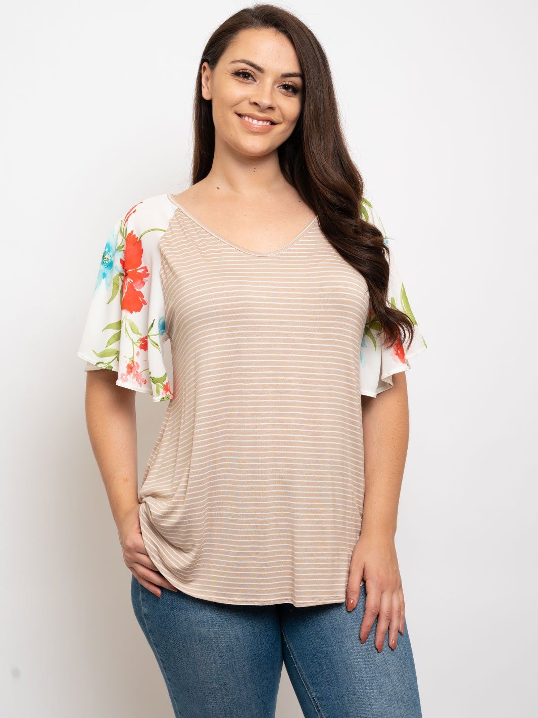 PLUS SIZE STRIPES WITH FLORAL SLEEVES TOP