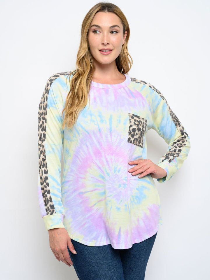 PLUS SIZE LONG SLEEVE TIE DYE ANIMAL PRINT TOP