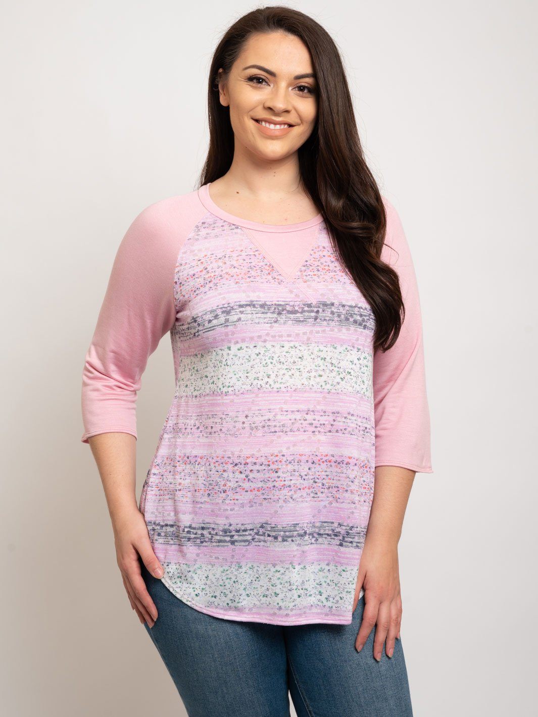 PLUS SIZE PINK MULTI PRINT LONG SLEEVE TOP