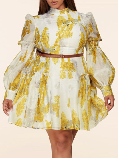 PLUS SIZE LONG PUFF SLEEVE BELTED FLORAL MINI DRESS