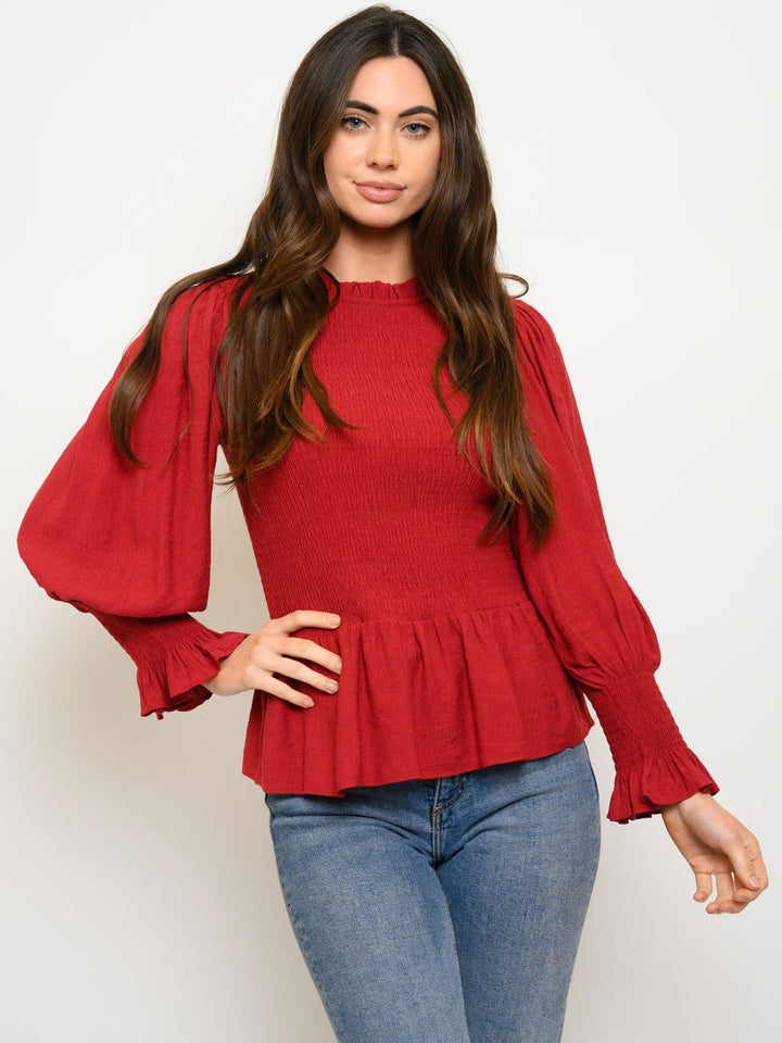 WOMEN'S WOVEN SOLID SMOCKED LONG SLEEVE PEPLUM TOP