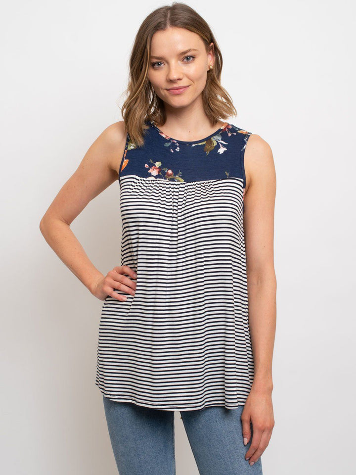 WOMEN'S SLEEVELESS TUNIC FLORAL PIN STRIPES TOP